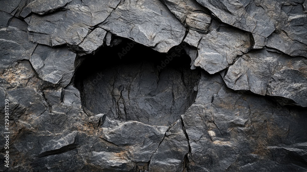 Poster rough, jagged dark stone surface with a visible hole or cavity, showcasing the texture and depth of 