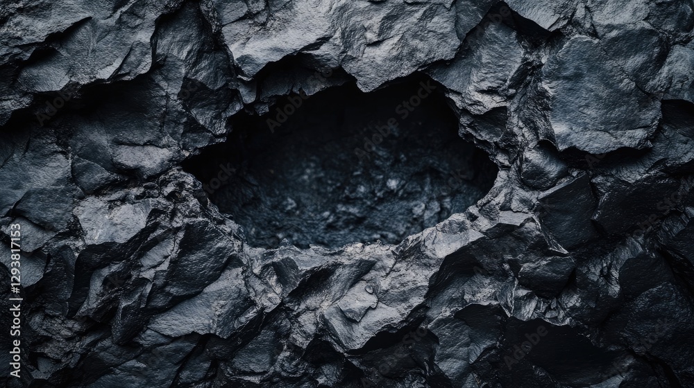 Poster rough, jagged dark stone surface with a visible hole or cavity, showcasing the texture and depth of 