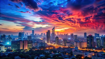 Obraz premium Soft Red Blue Glow Over Cityscape at Dusk, evening sky, urban landscape, evening sky, urban landscape