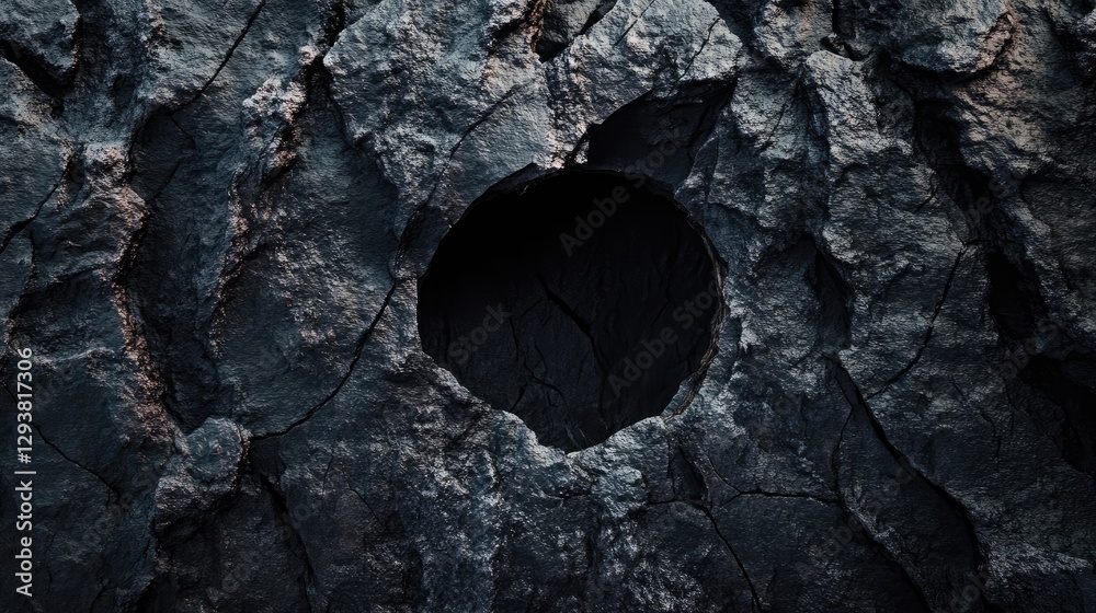 Poster Rough, jagged dark stone surface with a visible hole or cavity, showcasing the texture and depth of the stone