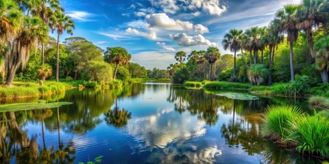 Fototapeta premium Dense foliage and vibrant greenery surround a tranquil lake in a serene Florida wetland landscape with calm water and natural scenery , wildlife habitat, serenity