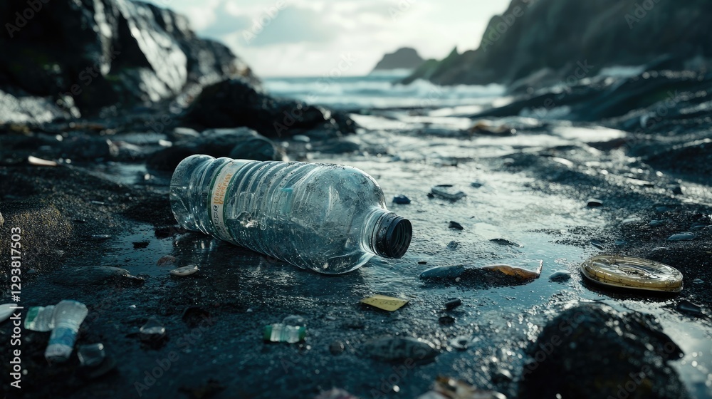 Poster scattered plastic water bottles and trash in a tide pool on the beach, drawing attention to the envi