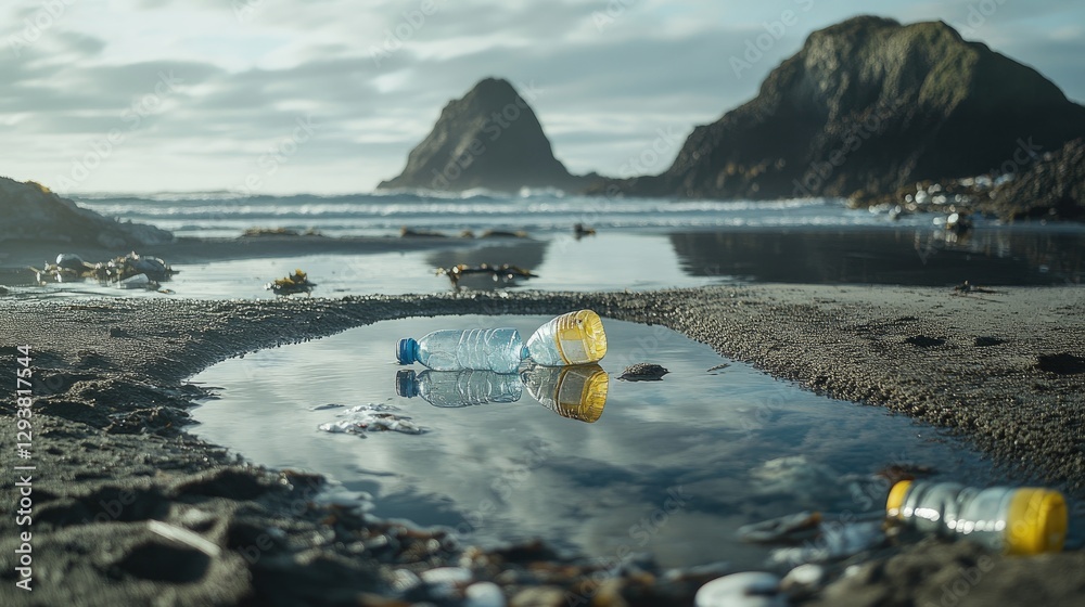 Poster scattered plastic water bottles and trash in a tide pool on the beach, drawing attention to the envi