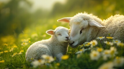Obraz premium Sheep and lamb enjoying a sunny day in a field full of flowers