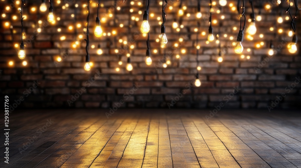 Poster Softly glowing Christmas lights adorning a loft wall, creating a calm and serene atmosphere for adding text or festive graphics