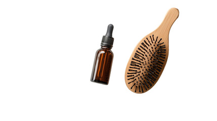 Natural Hair Care Oil Bottle Wooden Comb spa dark brush isolated on transparent background