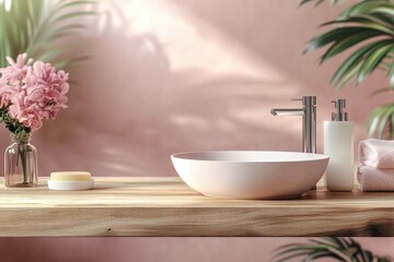 Fototapeta premium Modern minimalist bathroom interior with wooden countertop and pink walls