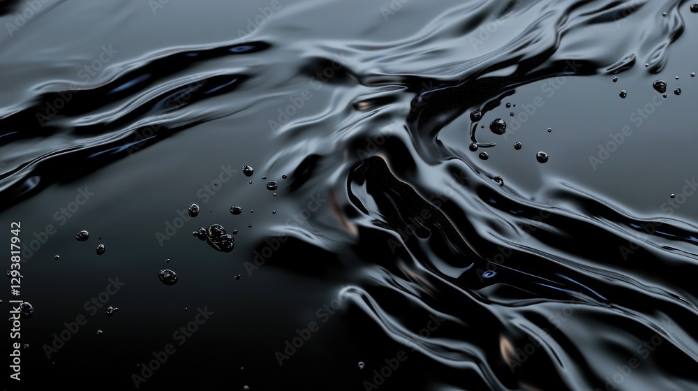 Poster spilled black liquid creating an organic pattern on a sleek, glossy dark surface with intricate deta