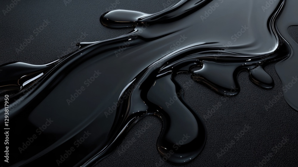 Poster spilled black liquid creating an organic pattern on a sleek, glossy dark surface with intricate deta