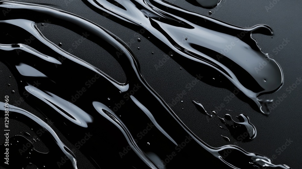 Poster spilled black liquid creating an organic pattern on a sleek, glossy dark surface with intricate deta