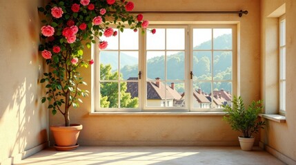 Fototapeta premium Sunlit Room with Blooming Rose and Verdant Plant in Pots by Window