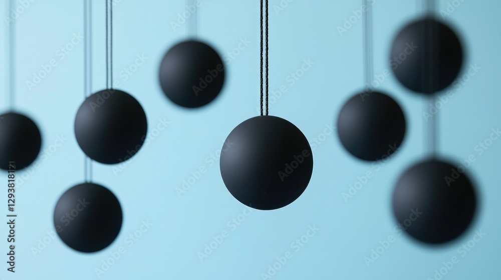 Poster suspended black spheres in a tranquil blue background, forming an abstract and contemporary design t