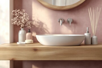 Fototapeta premium Light wooden podium showcasing products in a modern bathroom setting