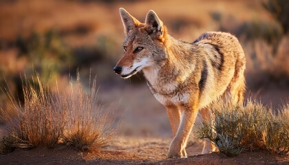Naklejka premium Dusks Lone Sentinel Captivating Wild West Portrait of a Solitary Coyote amidst the Stirring Red Rock Desert Landscape, Bathed in Warm Sunset Hues.