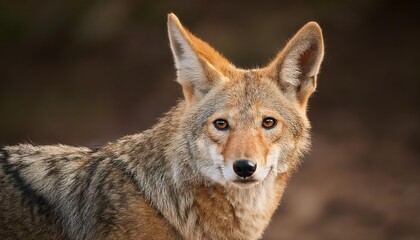 Fototapeta premium Striking Portrait of a Coyote amidst the Mesquite Plains, Southwestern Sunset Glow Transforming the Desert Landscape with Warm Amber Tones and Dramatic Shadows