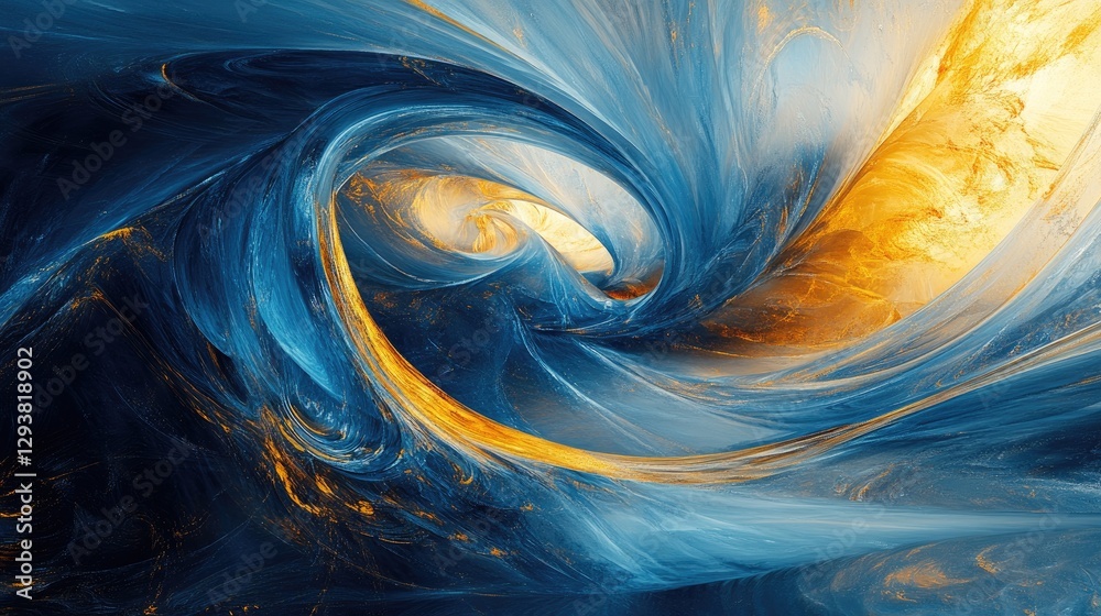 Poster vibrant abstract digital landscape with swirling blue and gold elements, creating a dynamic and futu