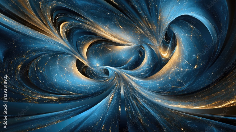 Poster vibrant abstract digital landscape with swirling blue and gold elements, creating a dynamic and futu