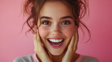 Radiant smile of a young woman with a pink background expressing joy and excitement. Her expression is bright and welcoming, a vision of happiness.