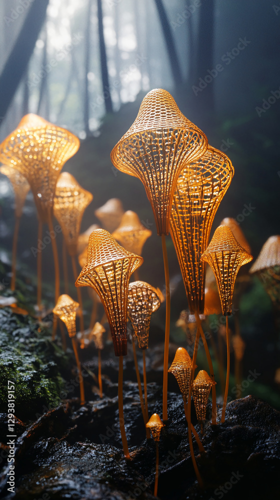 Poster golden glowing mushrooms growing in a mystical forest with soft light streaming through the trees, s