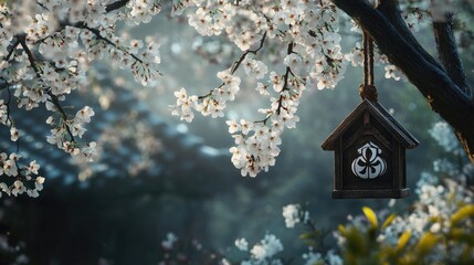 White cherry blossoms gently frame a charming house symbol hanging from a branch, creating an elegant and tranquil atmosphere in a peaceful garden