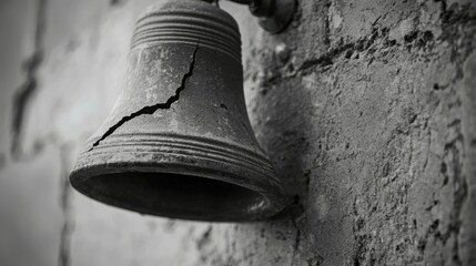 Obraz premium Old Cracked Bell Hanging on Weathered Wall in Black and White
