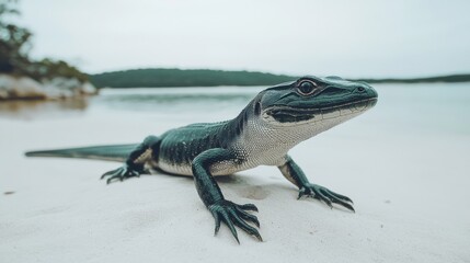 Naklejka premium A dark-colored lizard basks on a pristine white sand beach near tranquil water.