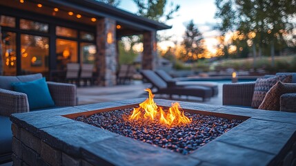 Cozy backyard patio with a fire pit ablaze, comfortable seating, and tranquil sunset views. Perfect for relaxation and outdoor gathering.