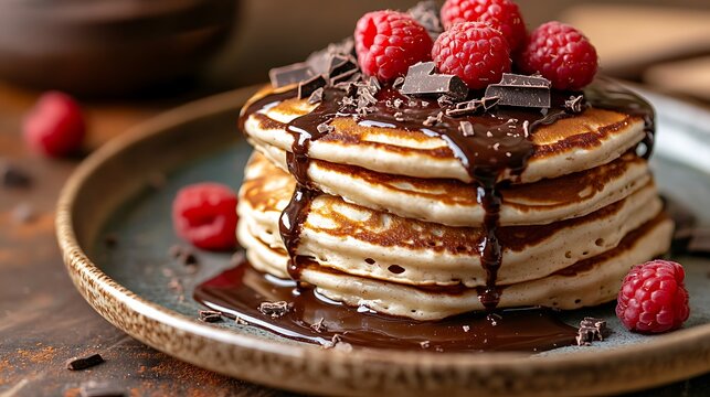 Detailed macro shot of a luxurious pancake stack featuring indulgent chocolate sauce drizzle, freshly picked raspberries, and finely grated dark chocolate, placed on rustic ceramic plate,