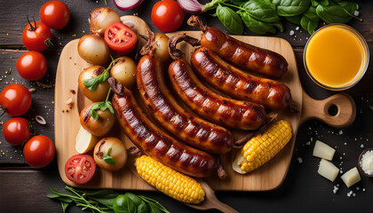 Grilled Sausages with Onions and Corn on a Wooden Cutting Board