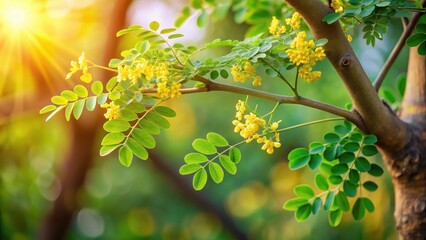 Obraz premium Moringa tree with vibrant green leaves and small yellow flowers on a wooden branch in a sunny garden , plant, evergreen