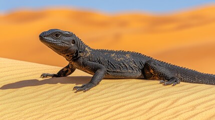 Fototapeta premium A desert lizard basks in the sun, its dark scales contrasting sharply against the golden sand dunes.