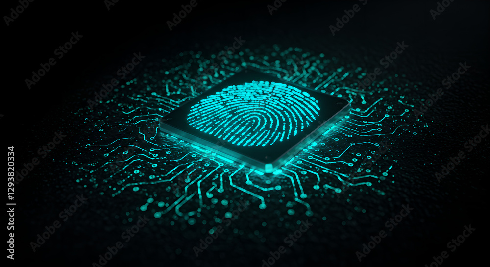 Poster digital fingerprint scan on microchip with glowing turquoise circuit pattern. modern biometric secur