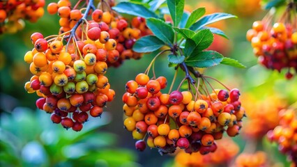 Colorful cluster of juicy sanddorn berries hanging from a deciduous shrub branch in late summer, greenery, autumn