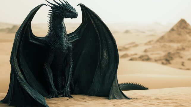 A majestic black dragon rests in a desert landscape, its vast wings spread wide, against a backdrop of sand dunes and distant structures.