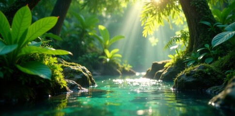 Fototapeta premium Serene Rainforest Creek Sunbeams Illuminate Lush Greenery and Tranquil Water During Gentle Rain