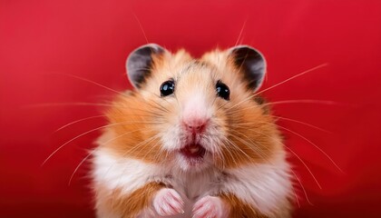 Surprised Hamster Portrait Against Red Backdrop A Quirky and Vibrant Mammalian Expression, Perfect for Digital Art, Home Decor, or Design Inspiration.