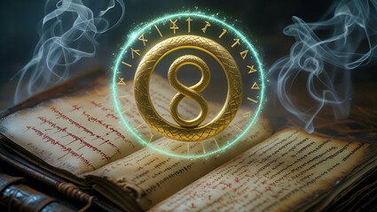 Fototapeta premium Glowing Ouroboros Alchemical Symbol Over Ancient Spellbook