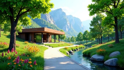 Fototapeta premium Serene Modern Pavilion Nestled Amongst Lush Greenery and a Gentle Stream, Backdropped by Majestic Mountains at Sunrise