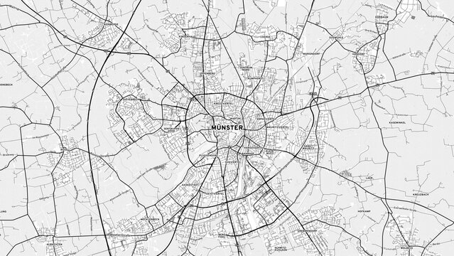 Minimalist M&uuml;nster Street Map with Labels and Neighborhoods