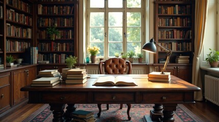 A Serene Study Wooden Desk with Open Book, Stacks of Books, and Desk Lamp in a Room with Rich Wooden Bookcases