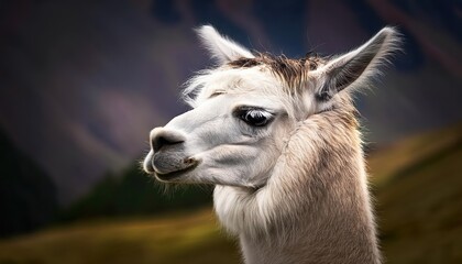 Obraz premium Striking Andean Llama Portrait, Captured Against a Backdrop of Bold Alpine Landscape with Vivid Greens and Majestic Mountains in the Highlands, Exuding Serene and Mysterious Energy.