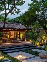 Fototapeta premium A traditional Korean house with a beautiful outdoor garden