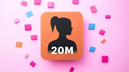 Woman Profile Icon Surrounded By Colorful Squares Representing Reaching Twenty Million Followers