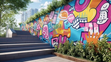 Urban graffiti wall flat design side view street art theme 3D render colored pastel