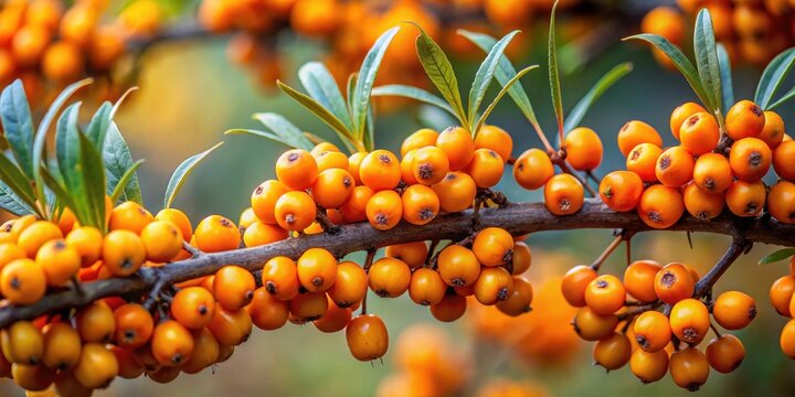 Close-up of vibrant sanddorn berries on a branch , Summer, Branch,  Summer, Branch, Nature, Botanicals , Vibrant