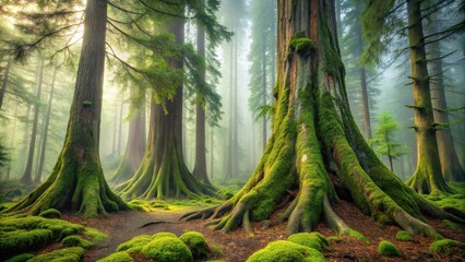 Ancient giant pines stand tall amidst a carpet of lush green moss, their gnarled trunks twisted with age and wisdom, set against a soft misty forest backdrop, nature, ancient trees