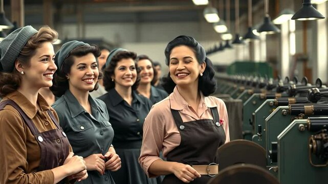 Retro Women Factory Workers Smiling, Industrial Setting