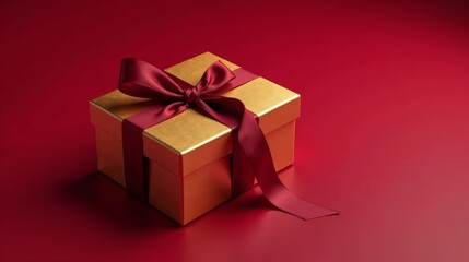 Obraz premium A Gold Gift Box with a Deep Red Ribbon, Elegant and Festive Present on a Red Background