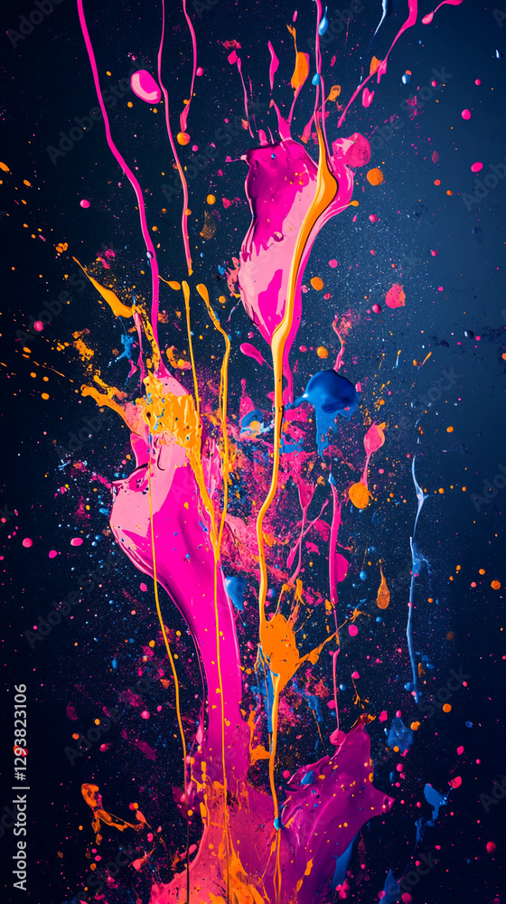 Poster close-up of vibrant pink, orange, and blue paint splashes creating a dynamic and energetic abstract 