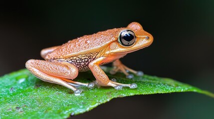 Obraz premium Orange Frog on Leaf in Tropical Rainforest. Possible use Nature, Wildlife Stock Photo